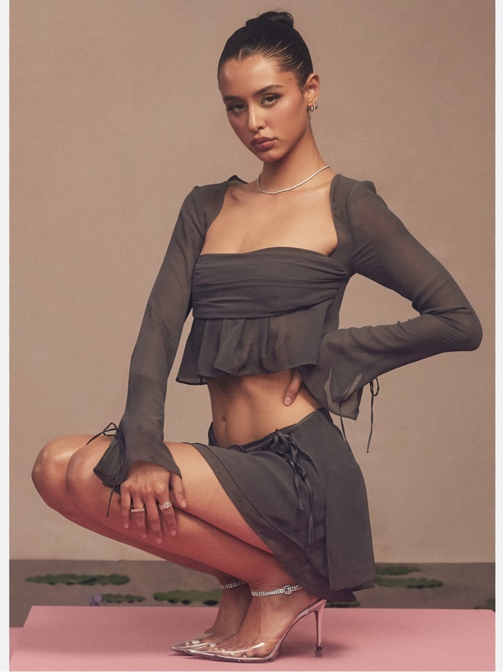 House of CB Athena Long Sleeve Georgette Crop Top In Gray Size XS NWT